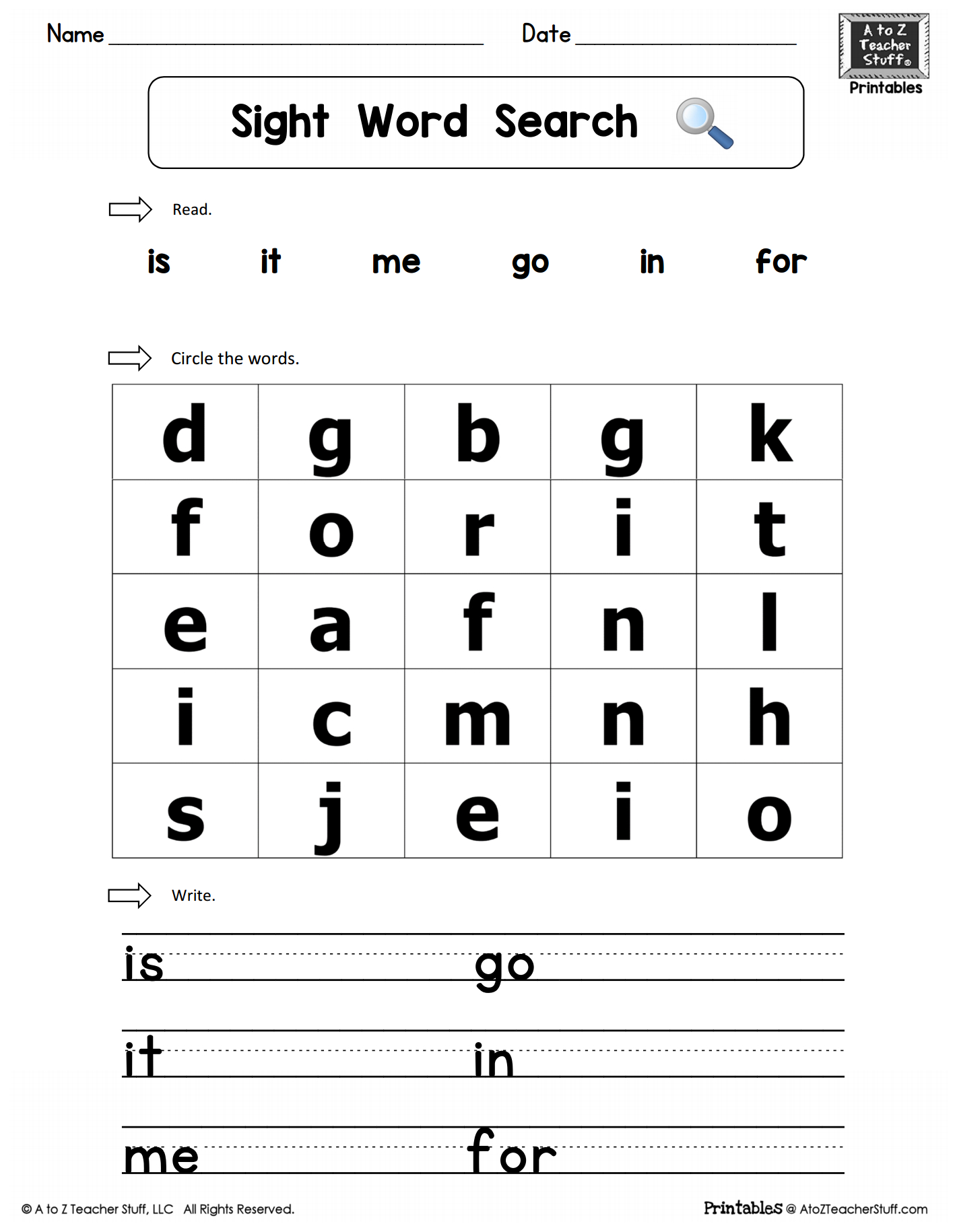 Sight Words Practice Word Search: Is, It, Me, Go, In, For Throughout Blank Word Search Template Free