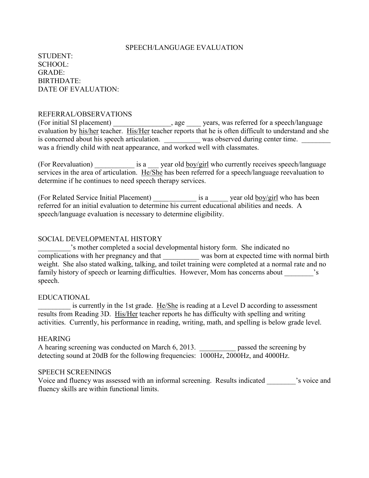 Speech Evaluation Report Template 21 With Regard To Speech And Language Report Template