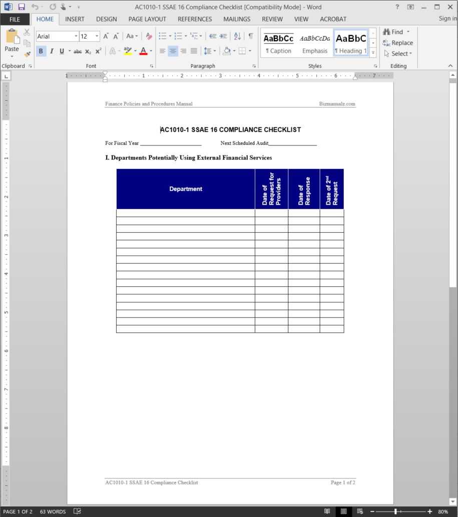 Ssae 16 Compliance Checklist Template | Ac1010 1 Pertaining To Ssae 16 Report Template