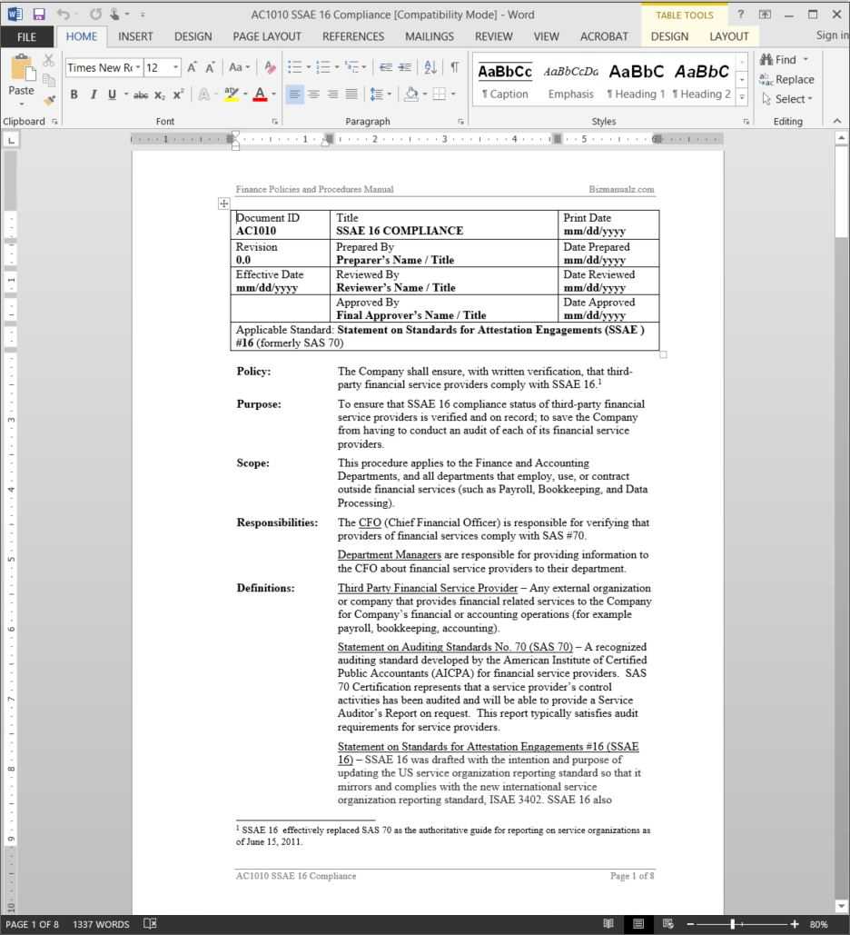 Ssae 16 Compliance Procedure | Ac1010 Pertaining To Ssae 16 Report Template