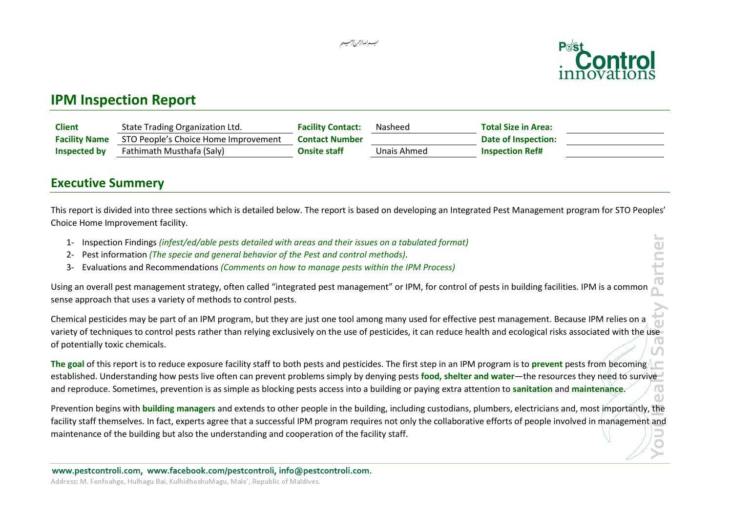 Sto Peoples Choice, Home Improvement Facility Ipm Report Pertaining To Pest Control Inspection Report Template