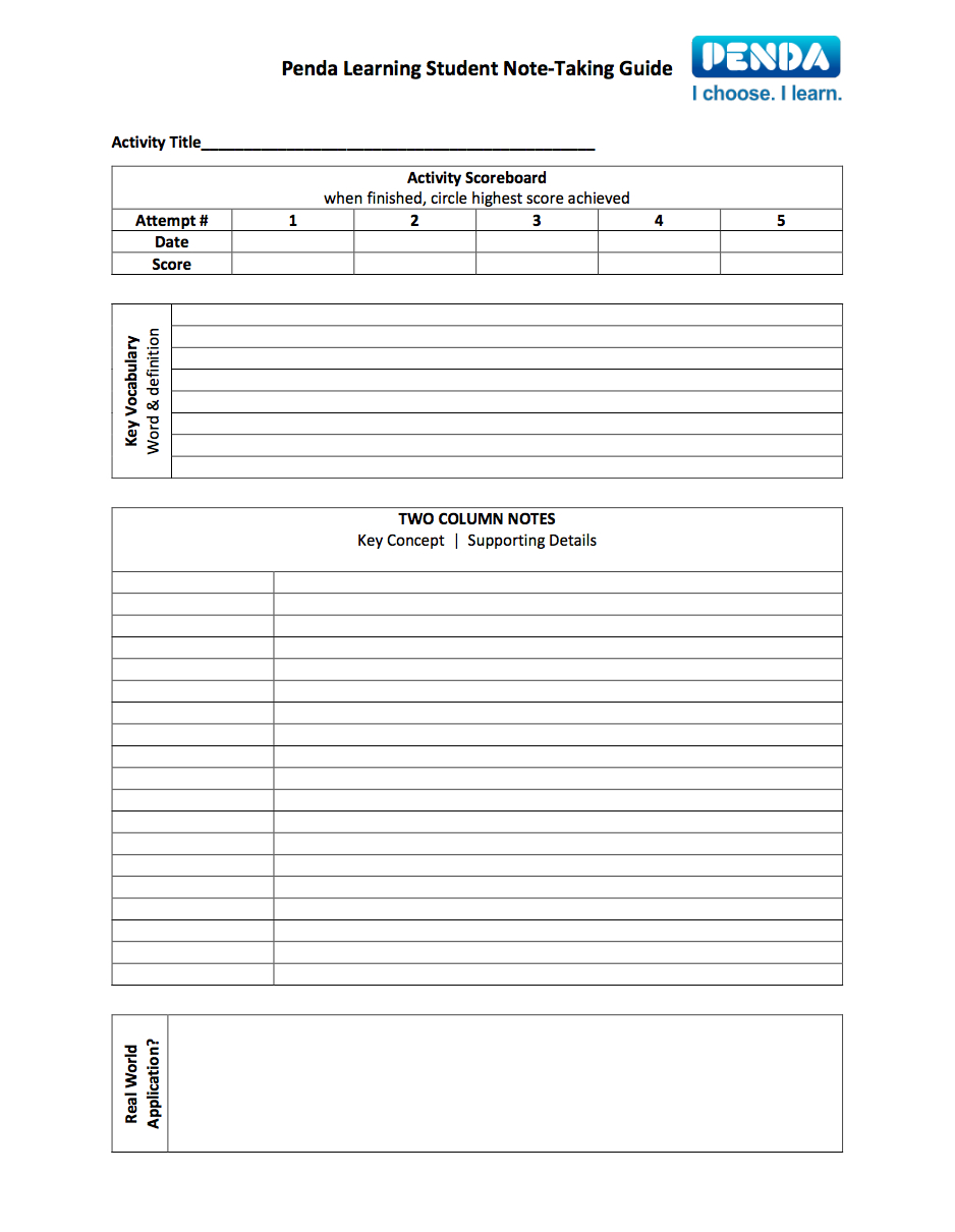 Student Note Taking Guide Templates – Penda Learning With Regard To Note Taking Template Word