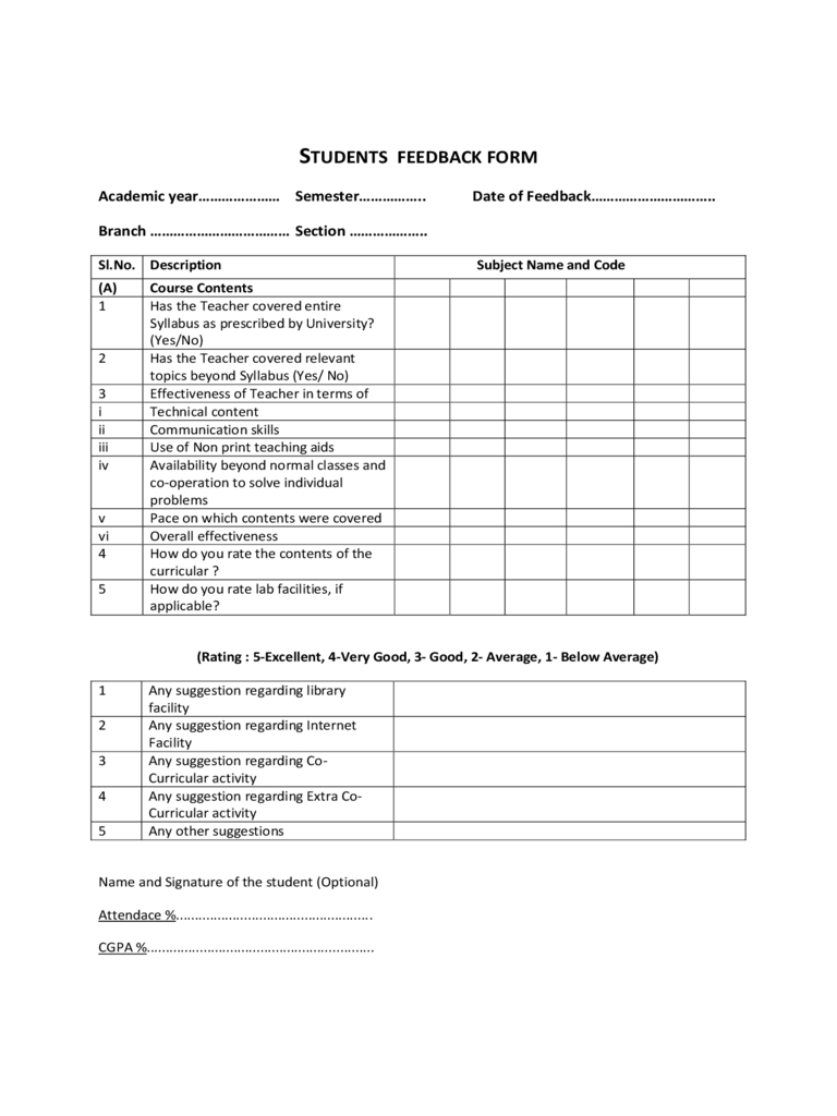 Students Feedback Form - 2 Free Templates In Pdf, Word With Student Feedback Form Template Word