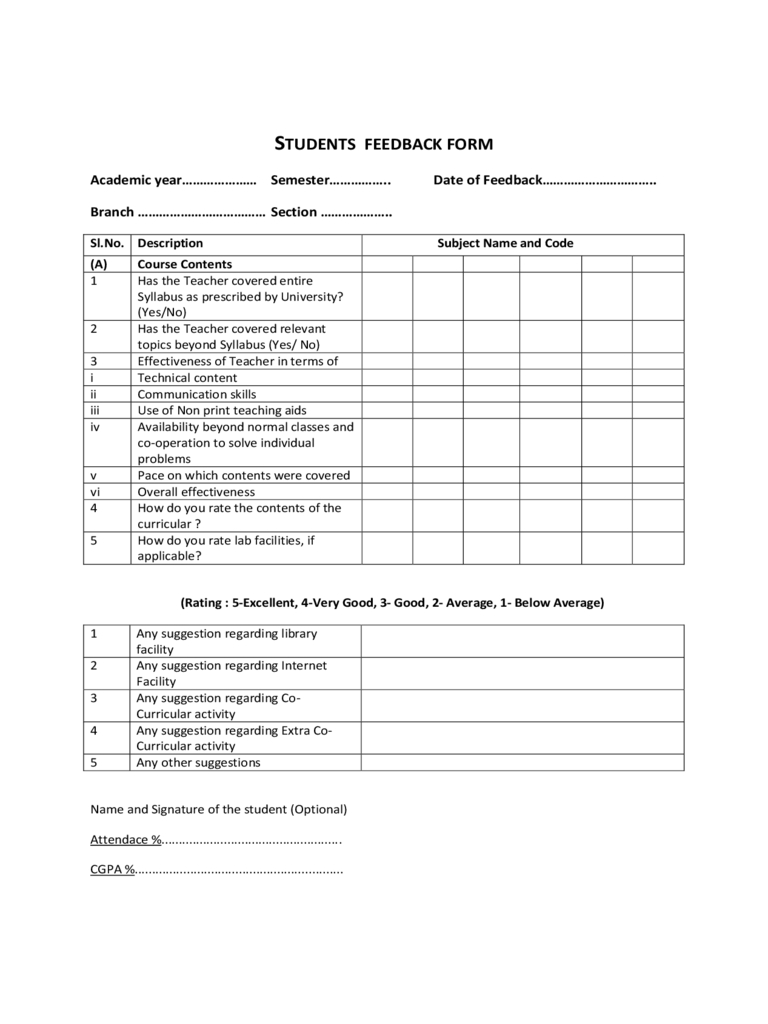 Students Feedback Form – 2 Free Templates In Pdf, Word With Student Feedback Form Template Word