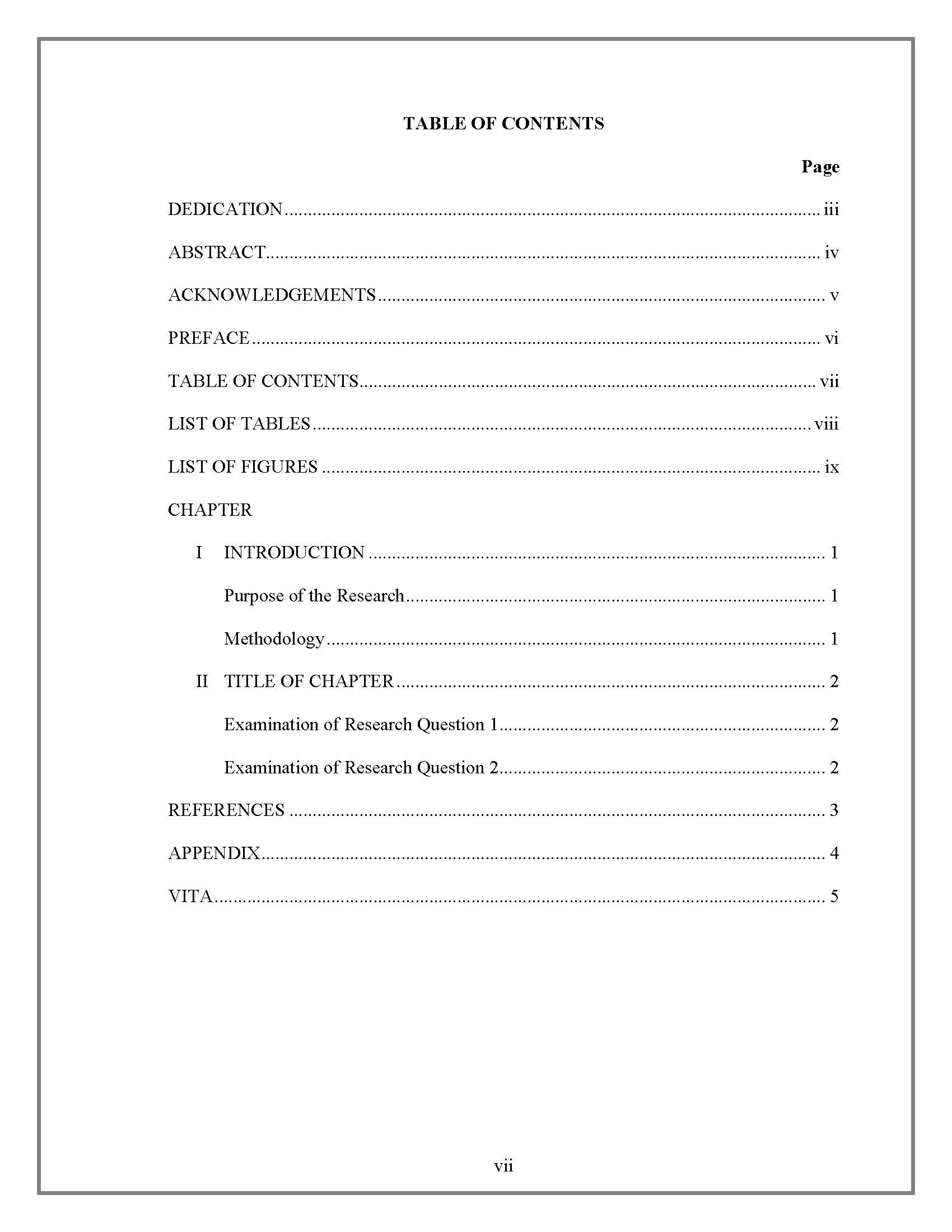 Table Of Contents – Thesis And Dissertation – Research In Report Content Page Template