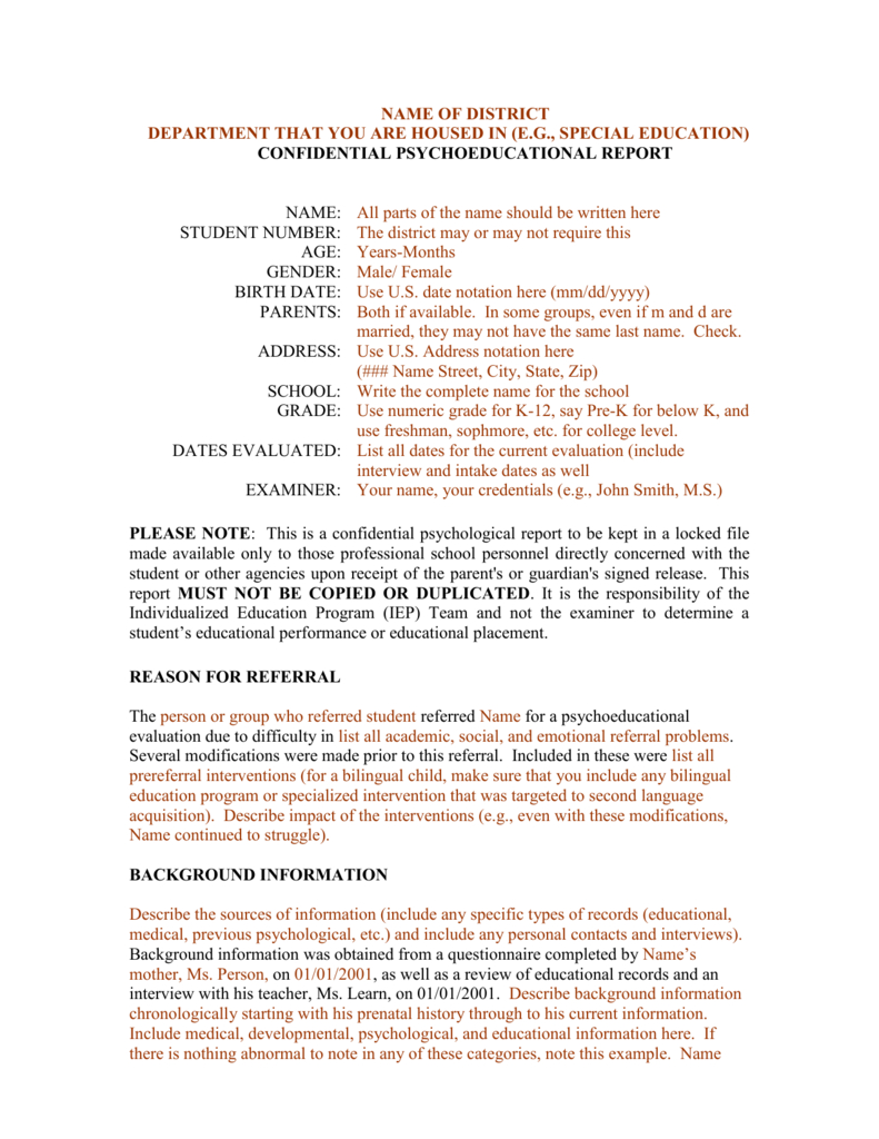 Template For A Bilingual Psychoeducational Report Pertaining To School Psychologist Report Template
