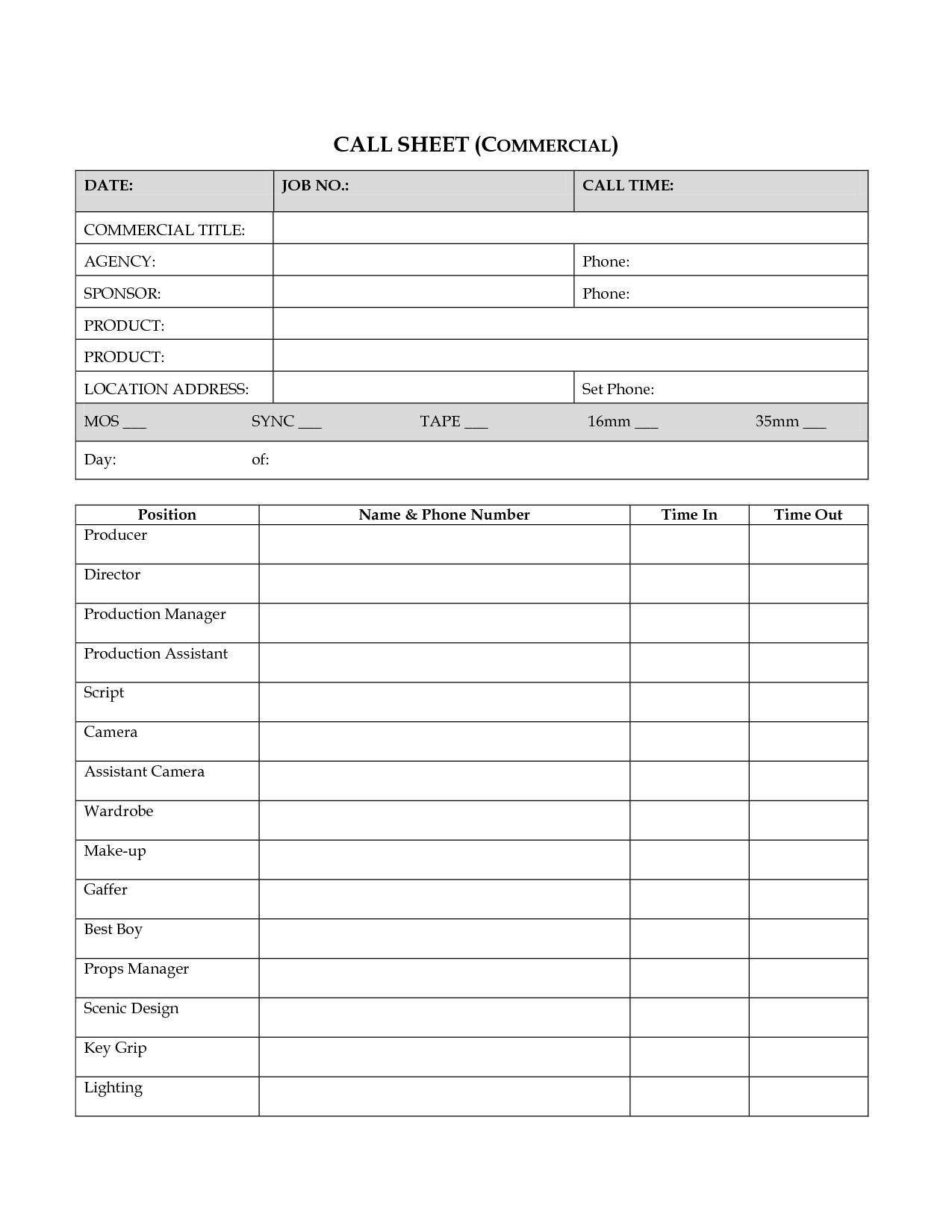 Terrific Call Sheet Template Sample For Commercial With Film Call Sheet Template Word