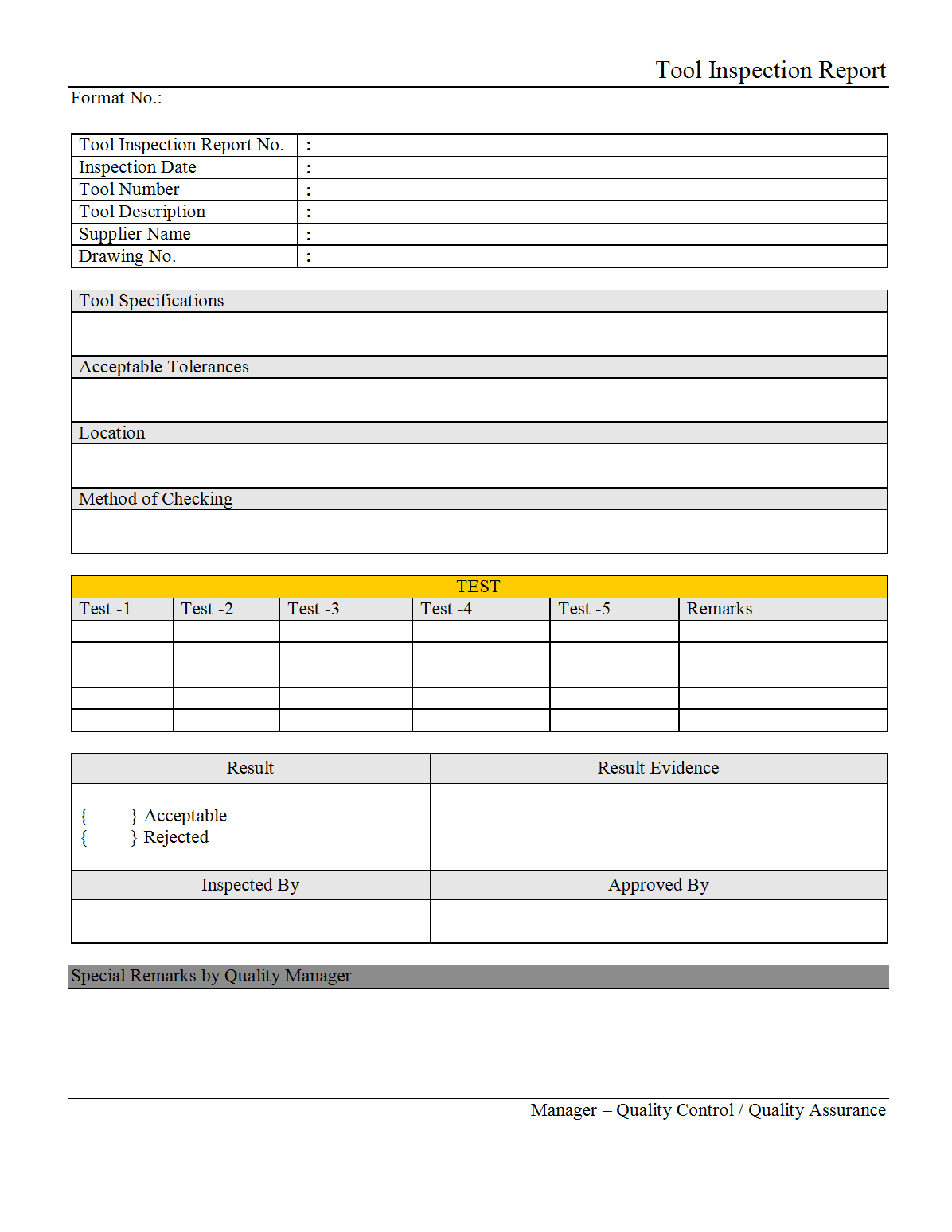 Tool Inspection Report – Within Part Inspection Report Template