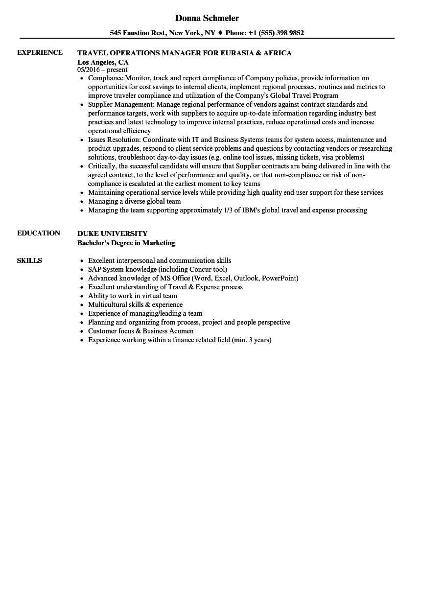 Travel Operations Manager Resume Samples | Velvet Jobs In Operations Manager Report Template