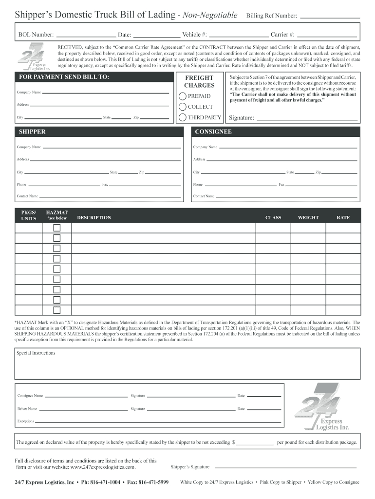 Trucking Bill Of Lading Template – Raptor.redmini.co With Blank Bol Template