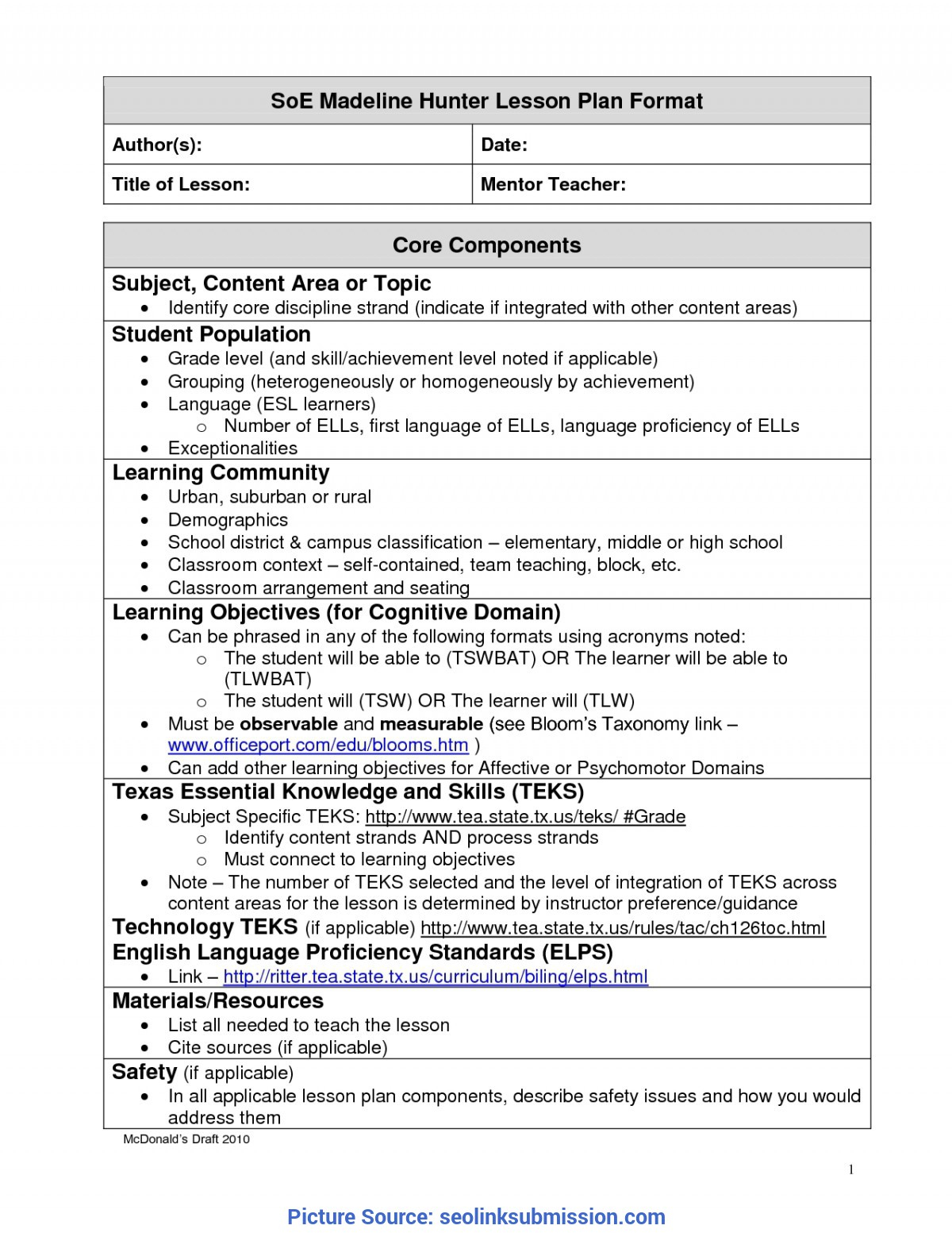 Unusual A Modern Version Of Madeline Hunter Lesson Plan For Madeline Hunter Lesson Plan Template Word