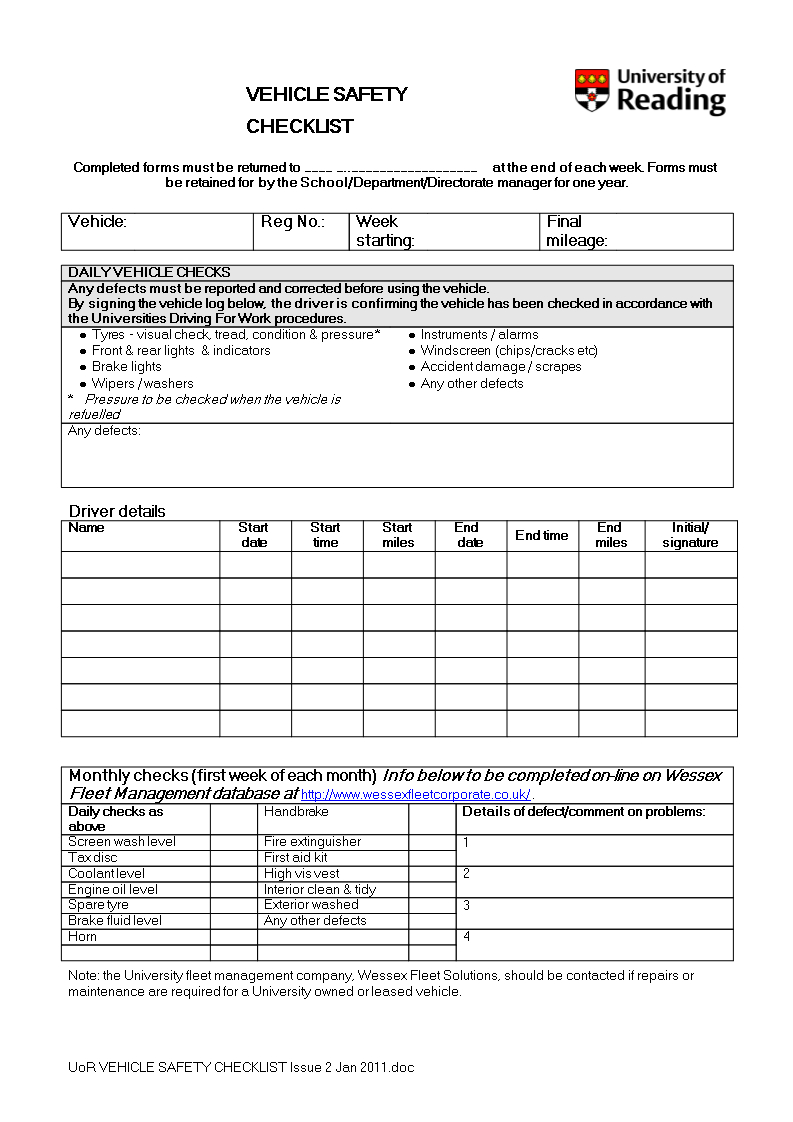 Vehicle Safety Checklist Word | Templates At Intended For Vehicle Checklist Template Word
