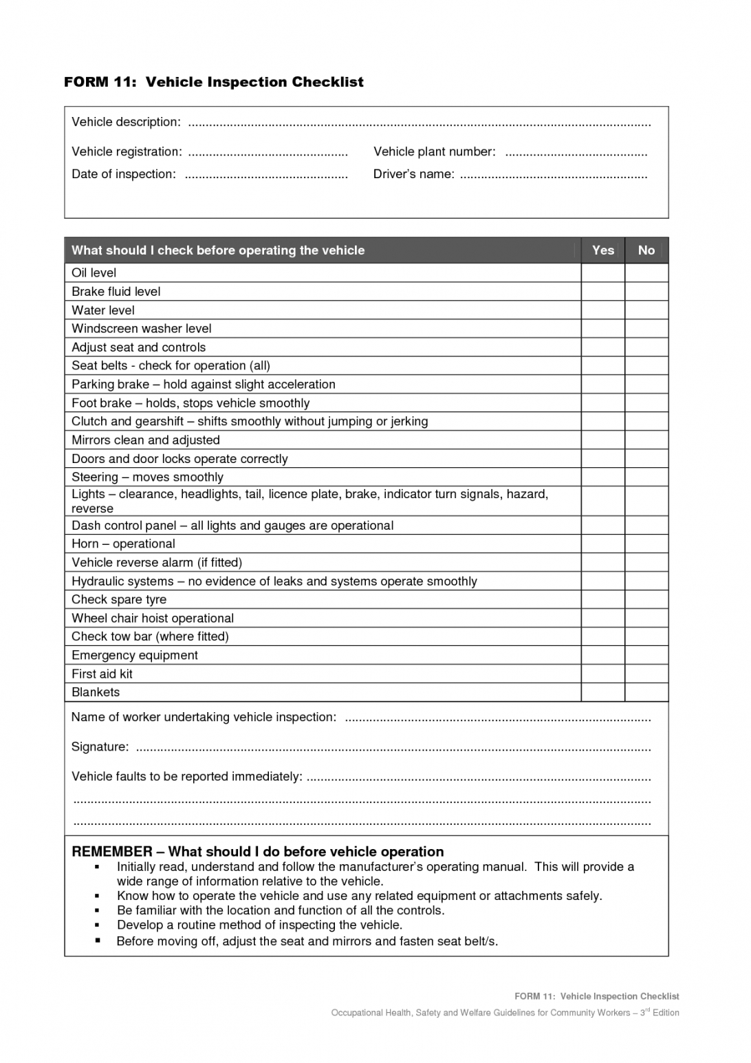 Vehicle Safety Inspection Checklist Form Maintenance Report In Vehicle Inspection Report Template