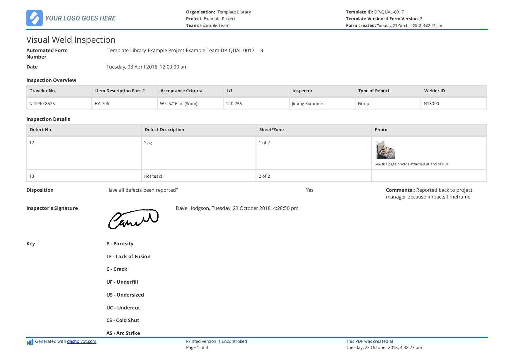 Visual Weld Inspection Template - Better Than Pdf And Excel Regarding Welding Inspection Report Template