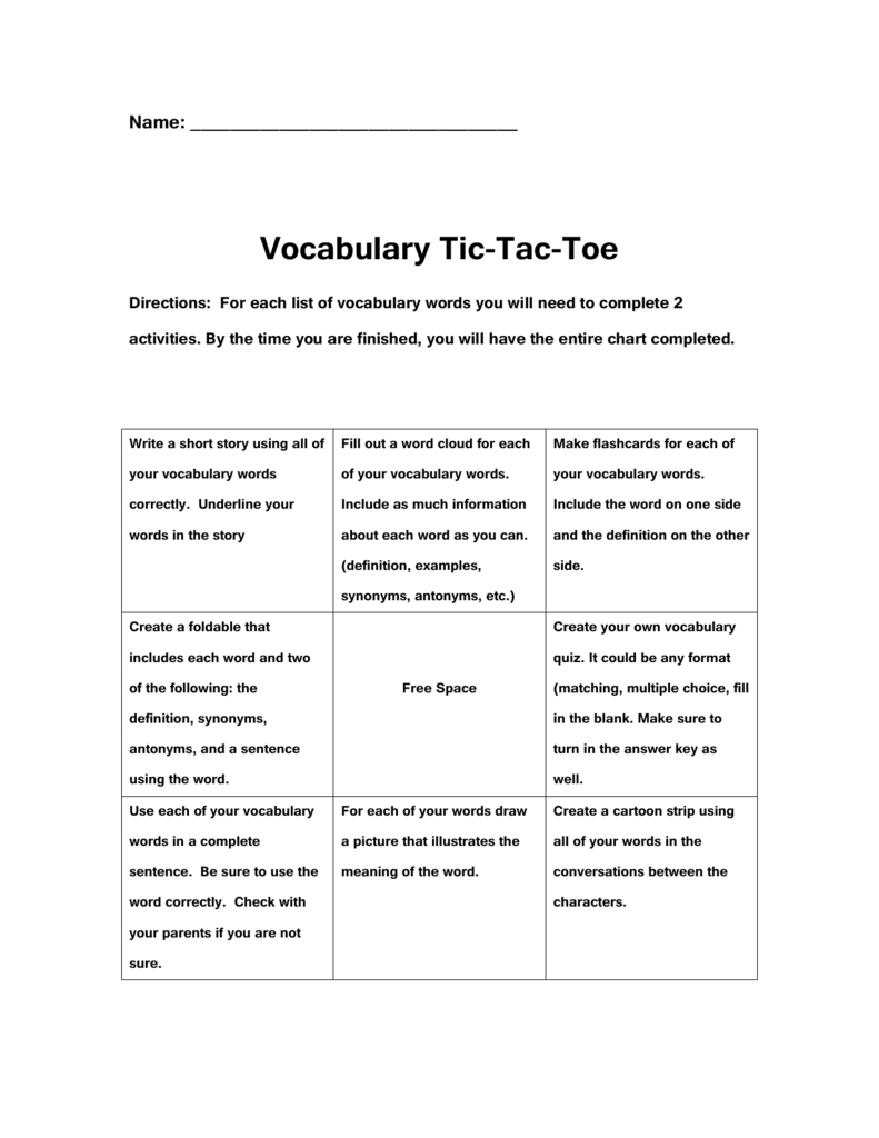 Vocabulary Tic Tac Toe Throughout Tic Tac Toe Template Word