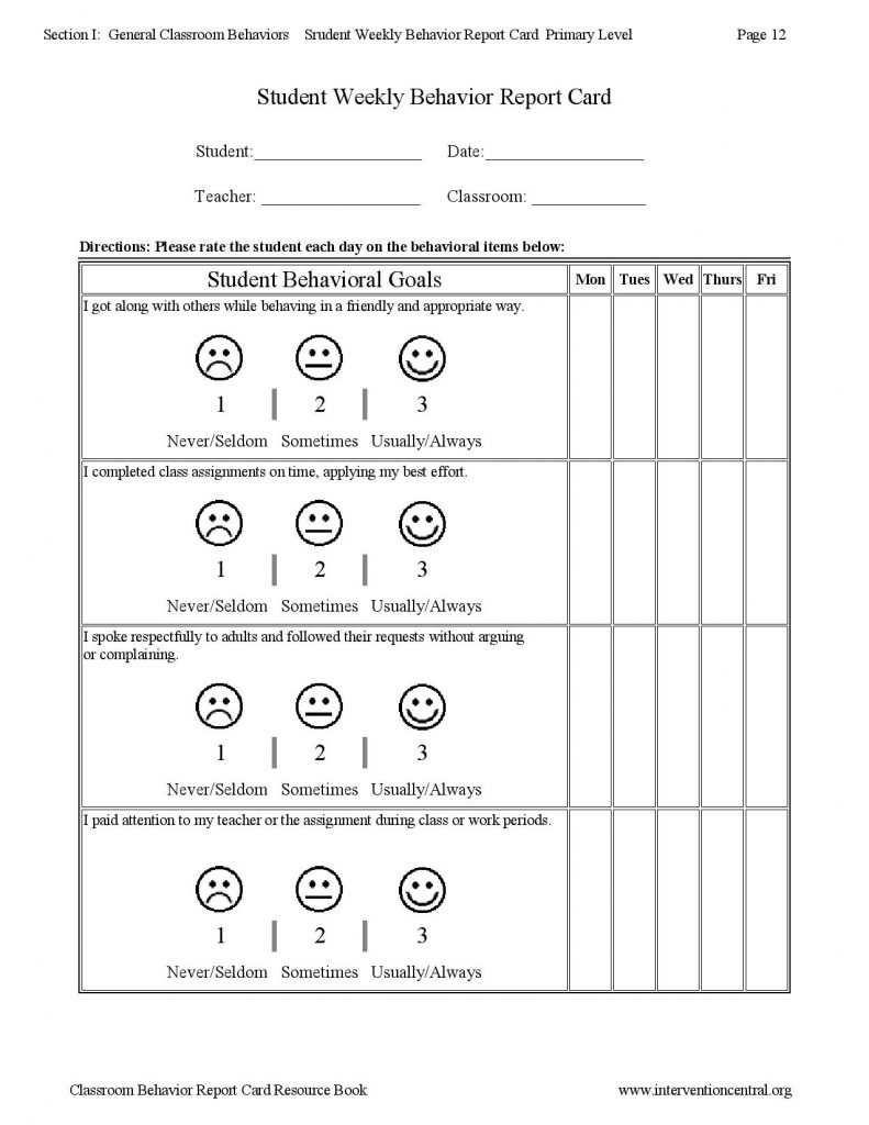 Weekly Behavior Report Template Examples Card Progress Student Pertaining To Behaviour Report Template