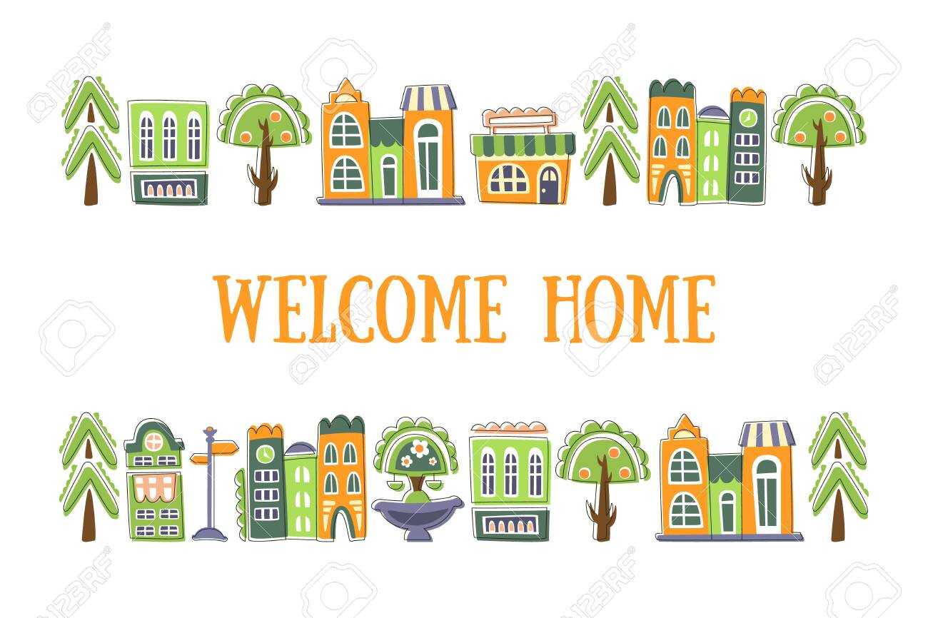 Welcome Home Banner Template With Cute Hand Drawn Public Buildings,.. With Regard To Welcome Banner Template