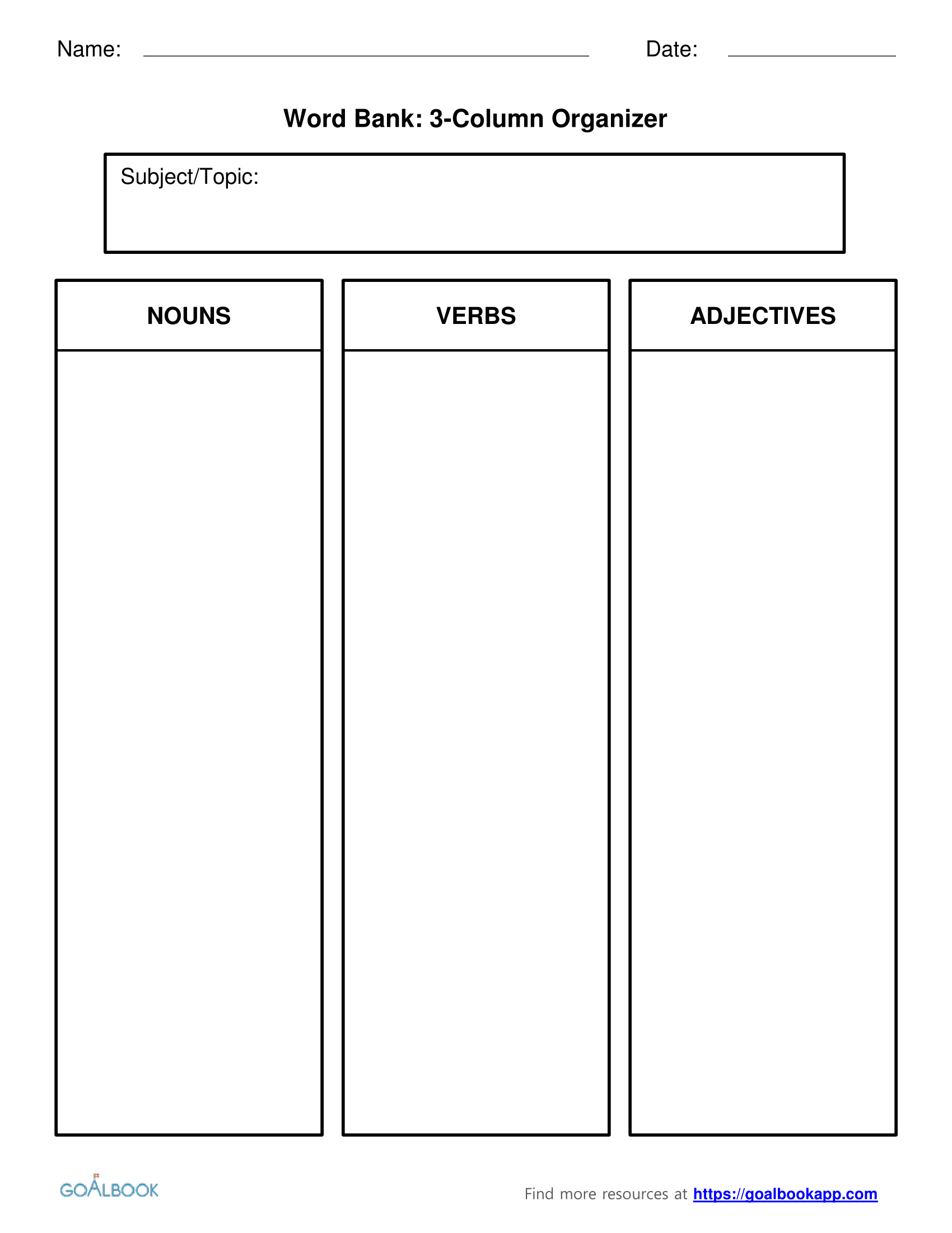 Word Bank | Udl Strategies - Goalbook Toolkit Within 3 Column Word Template