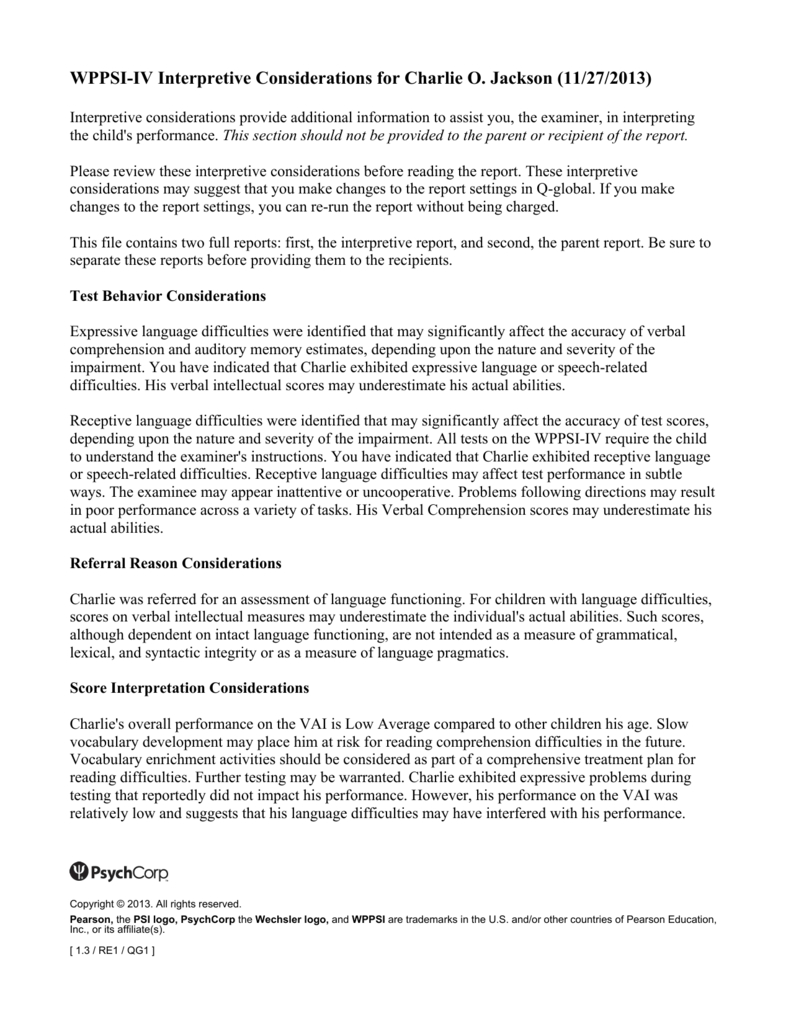 Wppsi Iv Interpretive Report Sample Within Wppsi Iv Report Template